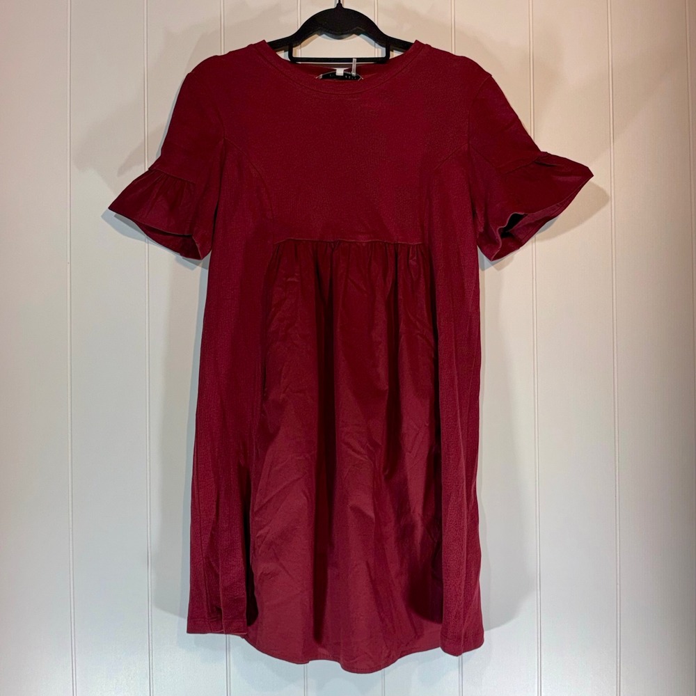 English Factory Mix Media Mini Dress Maroon Burgundy Ruffle Sleeve XS